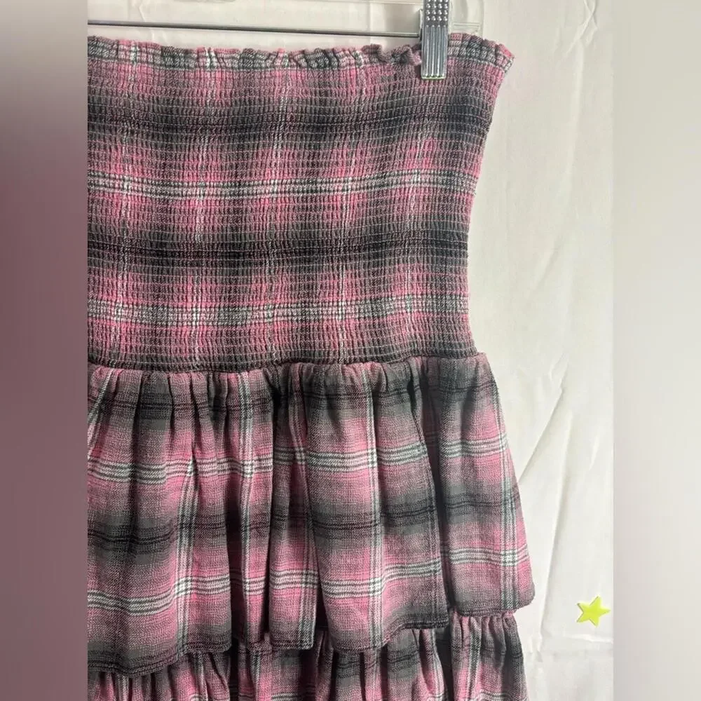 Revolve LIKELY Grey Pink Plaid Ruched Tiered 90’s Babydoll Grunge Midi Skirt M/L
